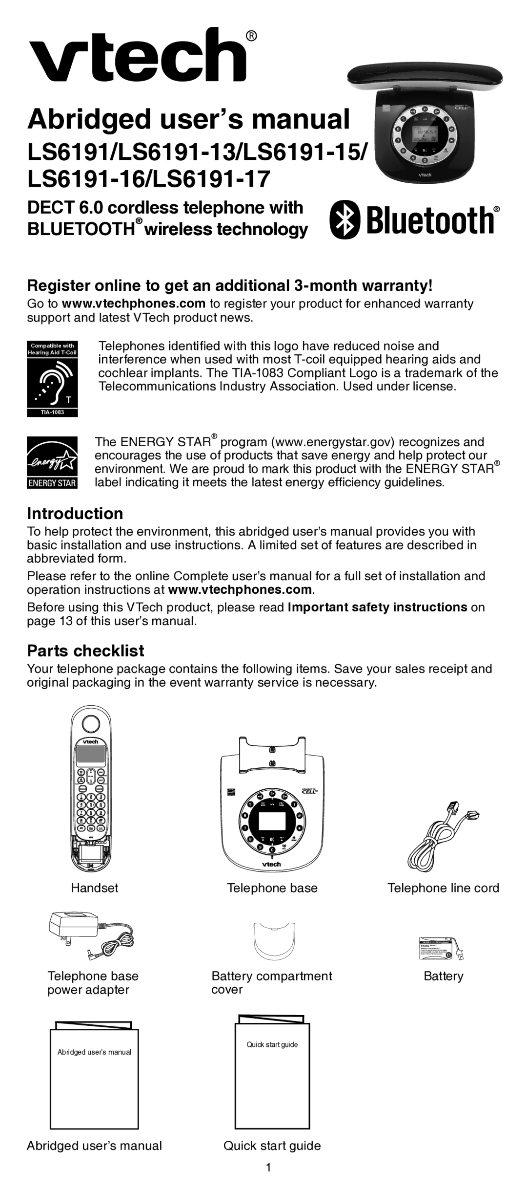 VTech LS6191/LS6191-13/LS6191-15/ LS6191-16/LS6191-17 user manual Introduction, Parts checklist 