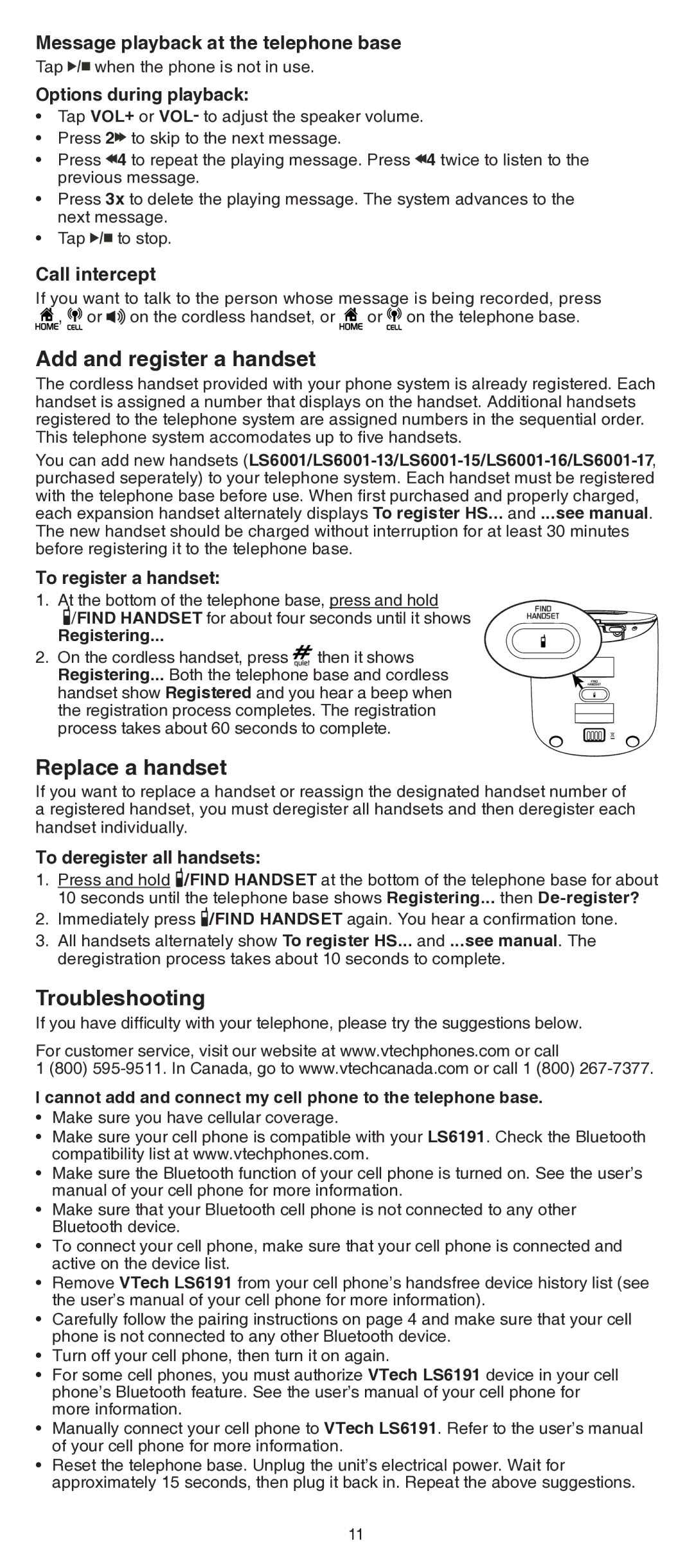 VTech LS6191/LS6191-13/LS6191-15/ LS6191-16/LS6191-17 Add and register a handset, Replace a handset, Troubleshooting 