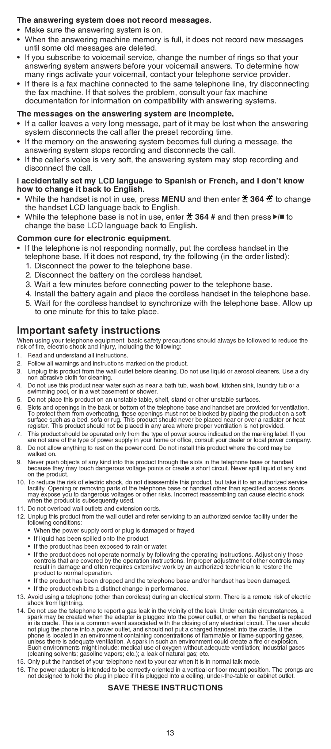 VTech LS6191/LS6191-13/LS6191-15/ LS6191-16/LS6191-17 Important safety instructions, Common cure for electronic equipment 