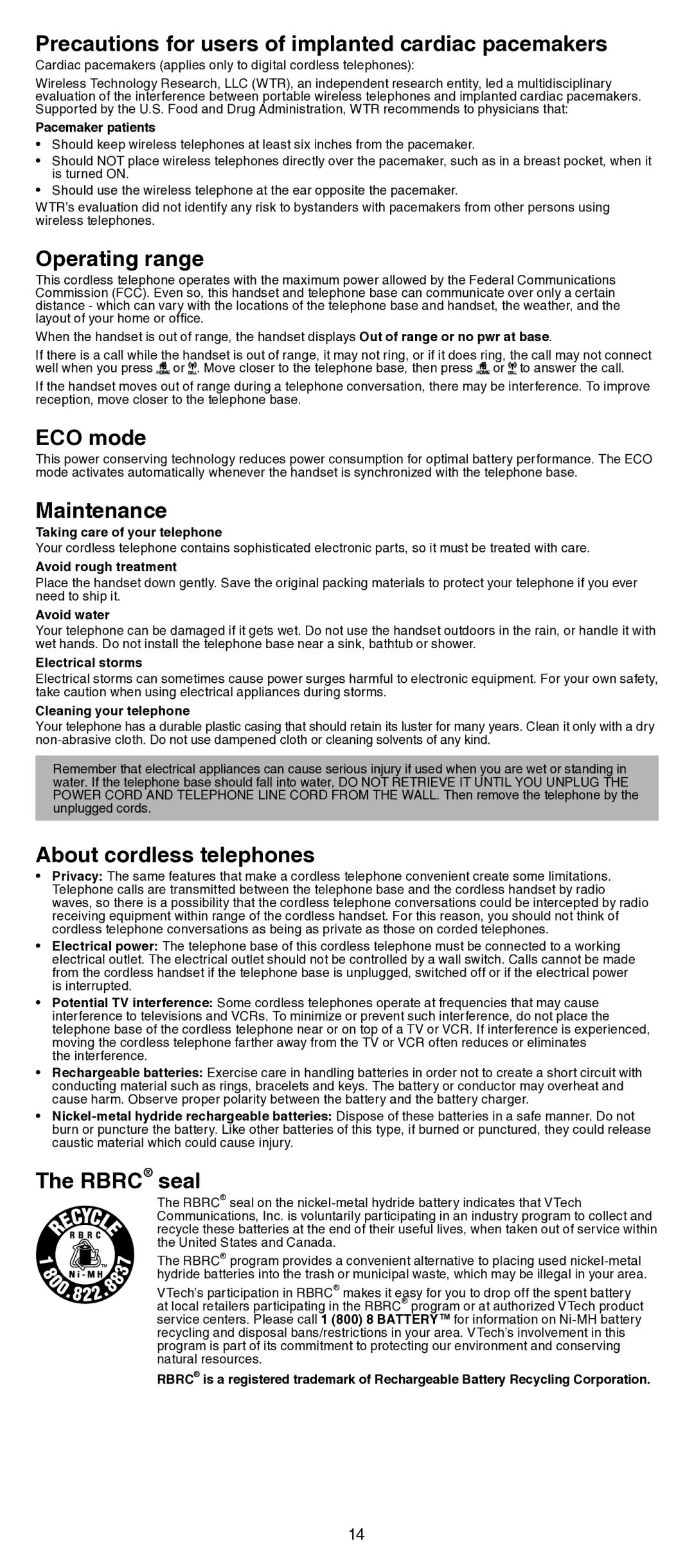 VTech LS6191/LS6191-13/LS6191-15/ LS6191-16/LS6191-17 Precautions for users of implanted cardiac pacemakers, ECO mode 