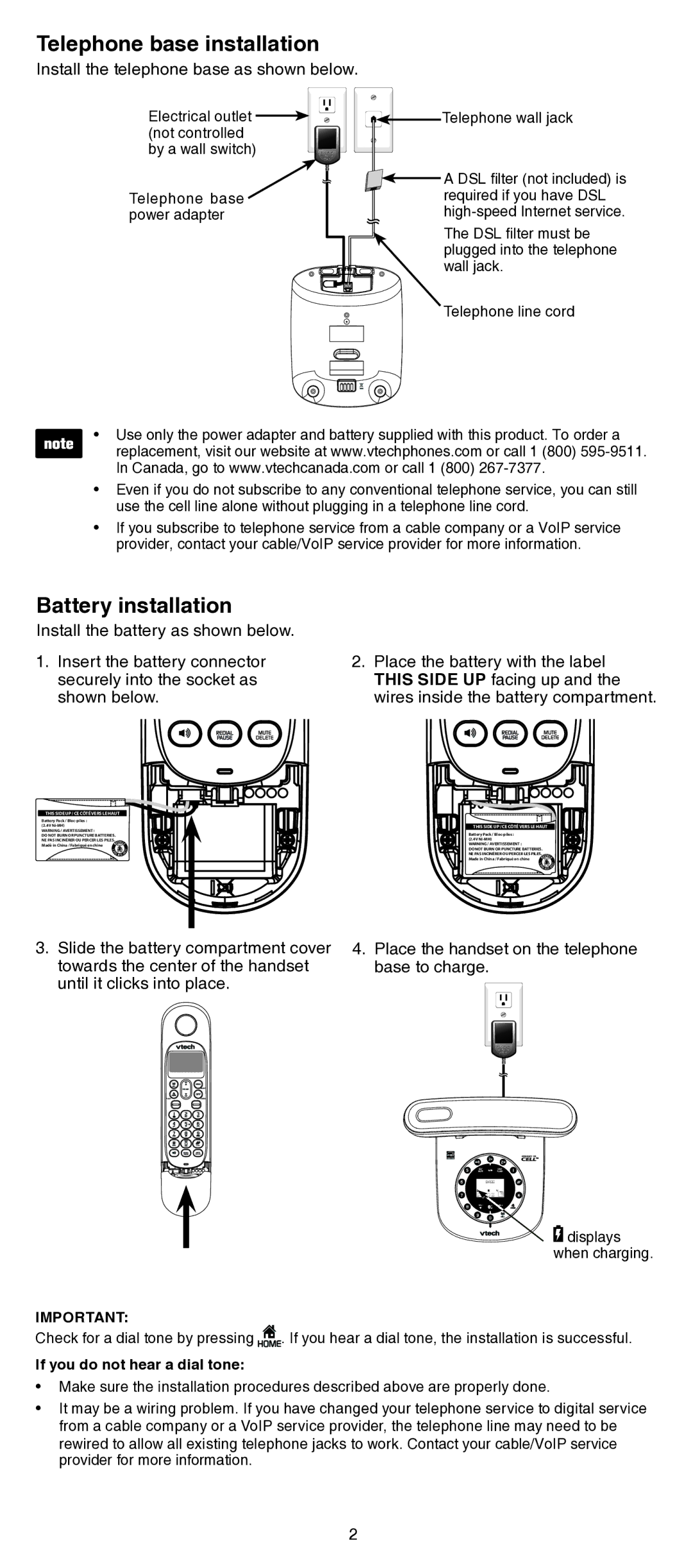 VTech LS6191/LS6191-13/LS6191-15/ LS6191-16/LS6191-17 user manual Telephone base installation, Battery installation 