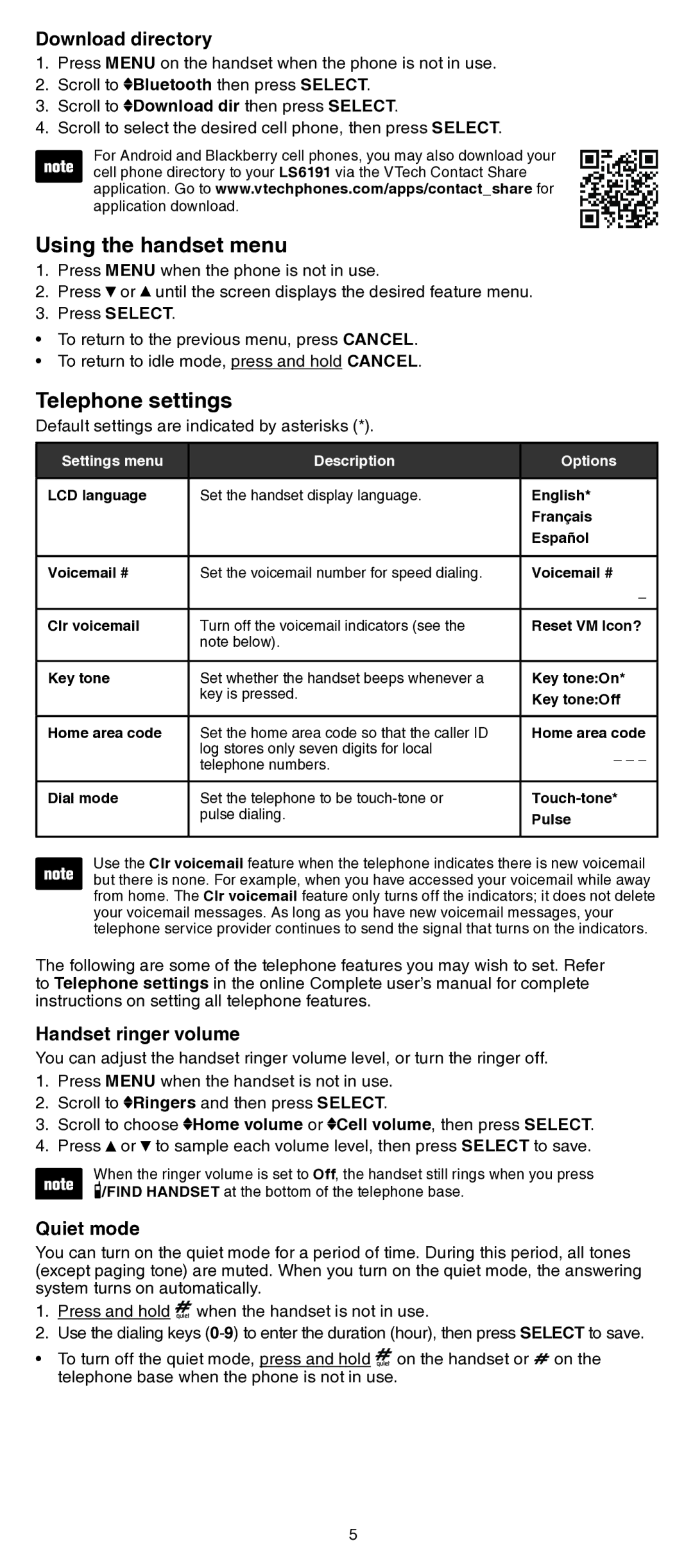 VTech LS6191/LS6191-13/LS6191-15/ LS6191-16/LS6191-17 Using the handset menu, Telephone settings, Download directory 