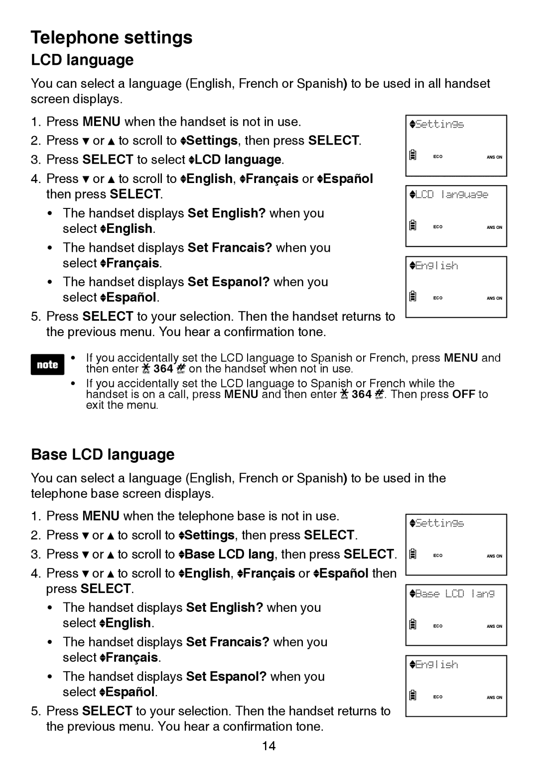 VTech LS6195-17, LS6195-15, LS6195-16, LS6195-13 user manual Base LCD language, Press Select to select LCD language 