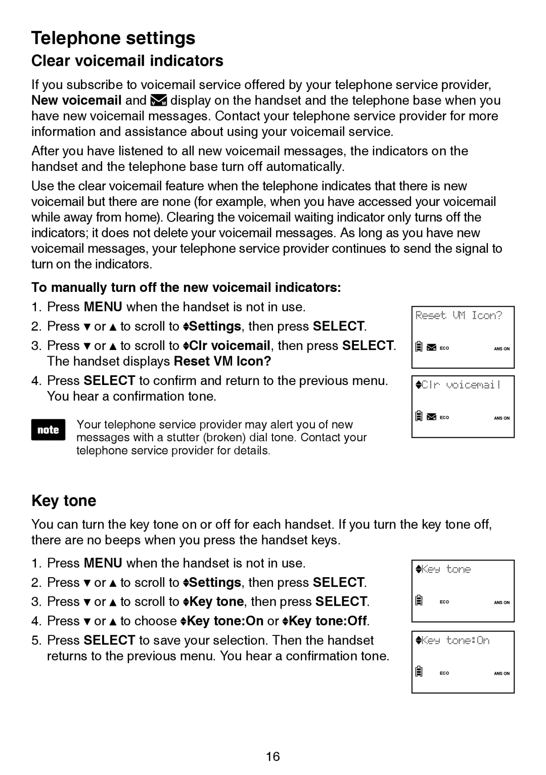 VTech LS6195-17, LS6195-15 Clear voicemail indicators, Key tone, To manually turn off the new voicemail indicators 