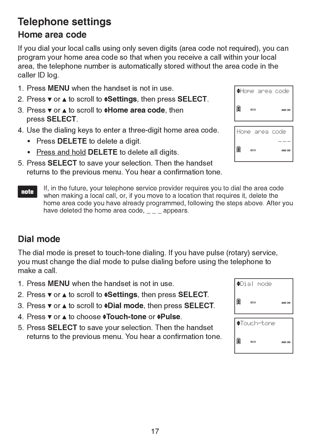 VTech LS6195-15, LS6195-17, LS6195-16, LS6195-13 user manual Home area code, Dial mode 