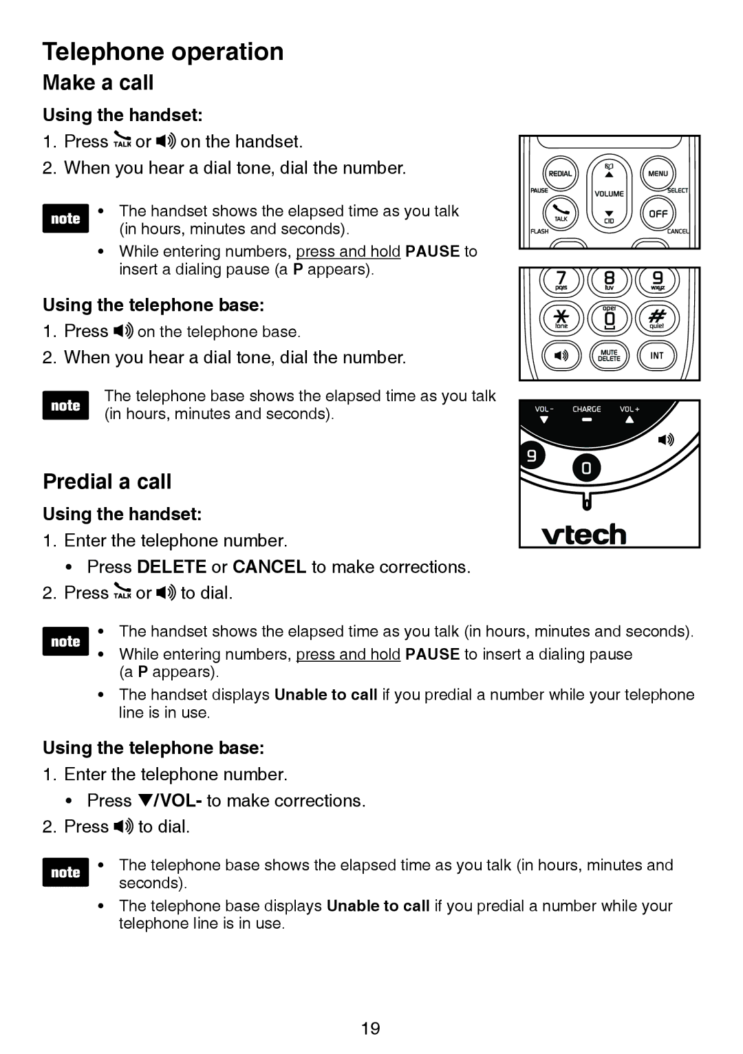 VTech LS6195-17 Telephone operation, Make a call, Predial a call, Using the handset, Using the telephone base 