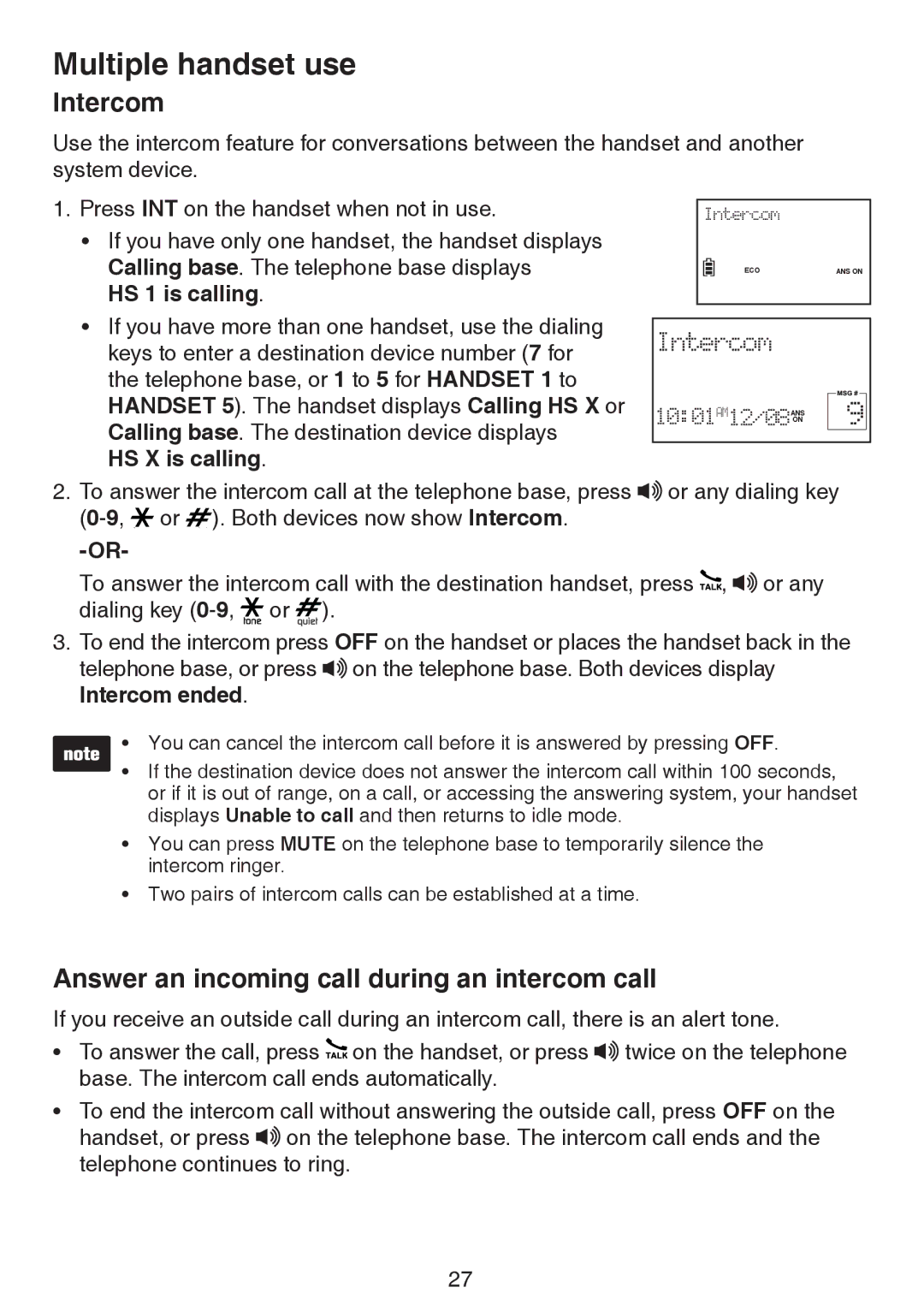 VTech LS6195-15, LS6195-17 Intercom, Answer an incoming call during an intercom call, HS 1 is calling, HS X is calling 