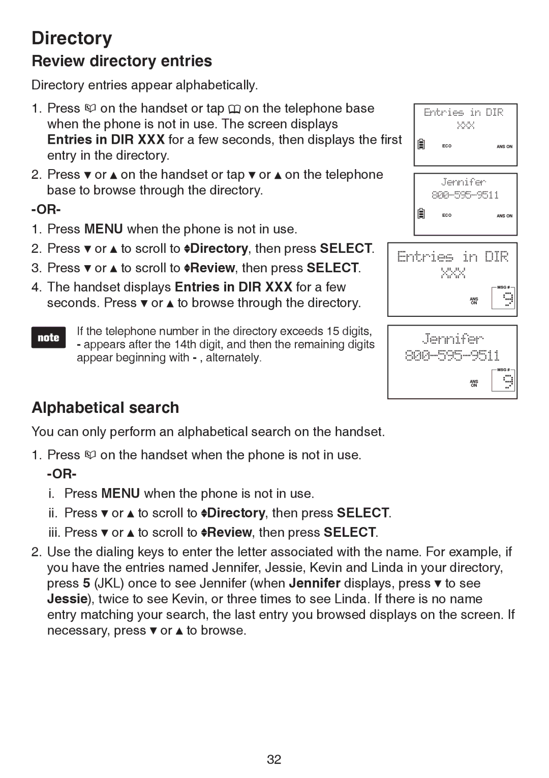 VTech LS6195-15, LS6195-17, LS6195-16, LS6195-13 user manual Review directory entries, Alphabetical search 