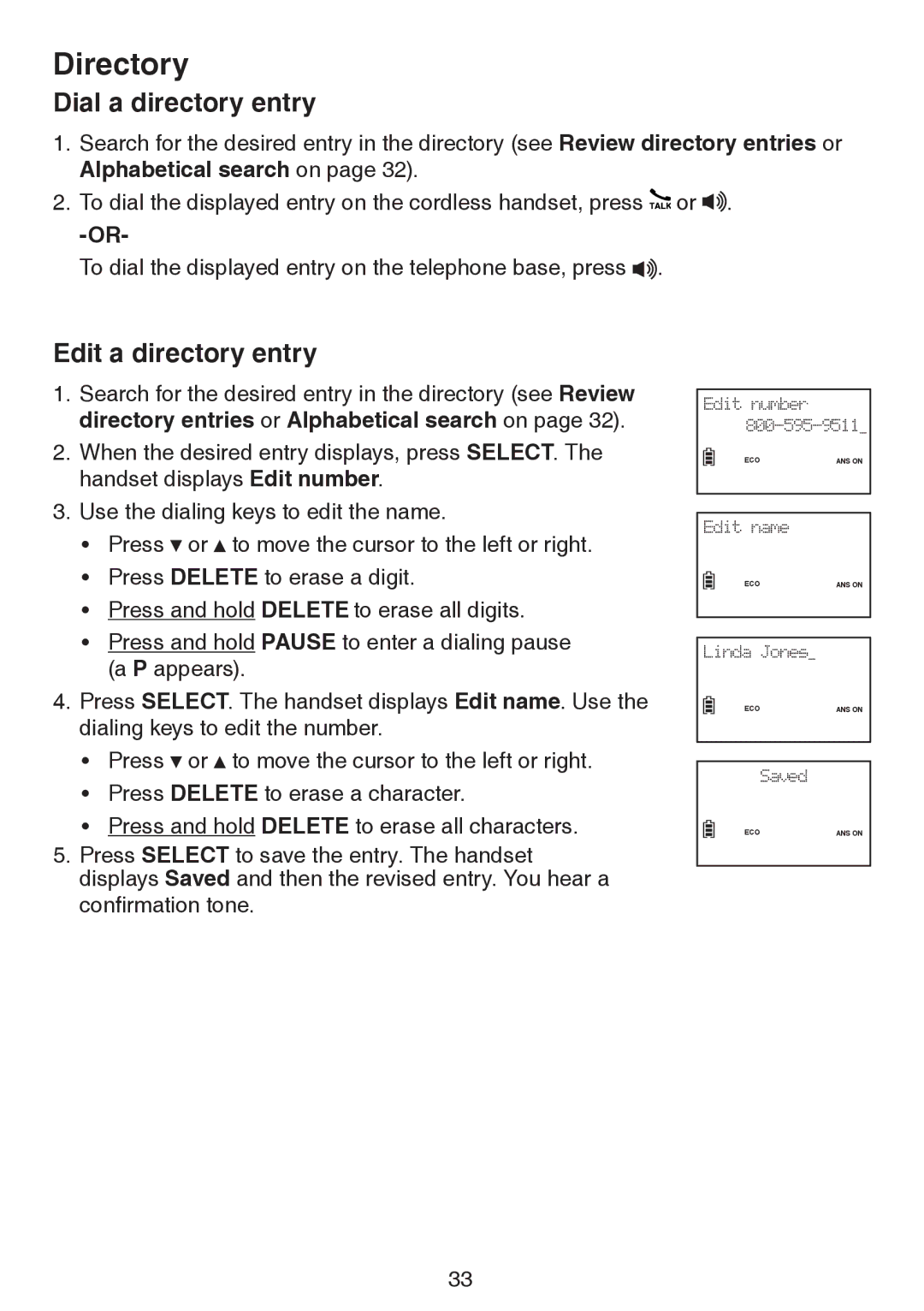 VTech LS6195-16, LS6195-17, LS6195-15, LS6195-13 user manual Dial a directory entry, Edit a directory entry 