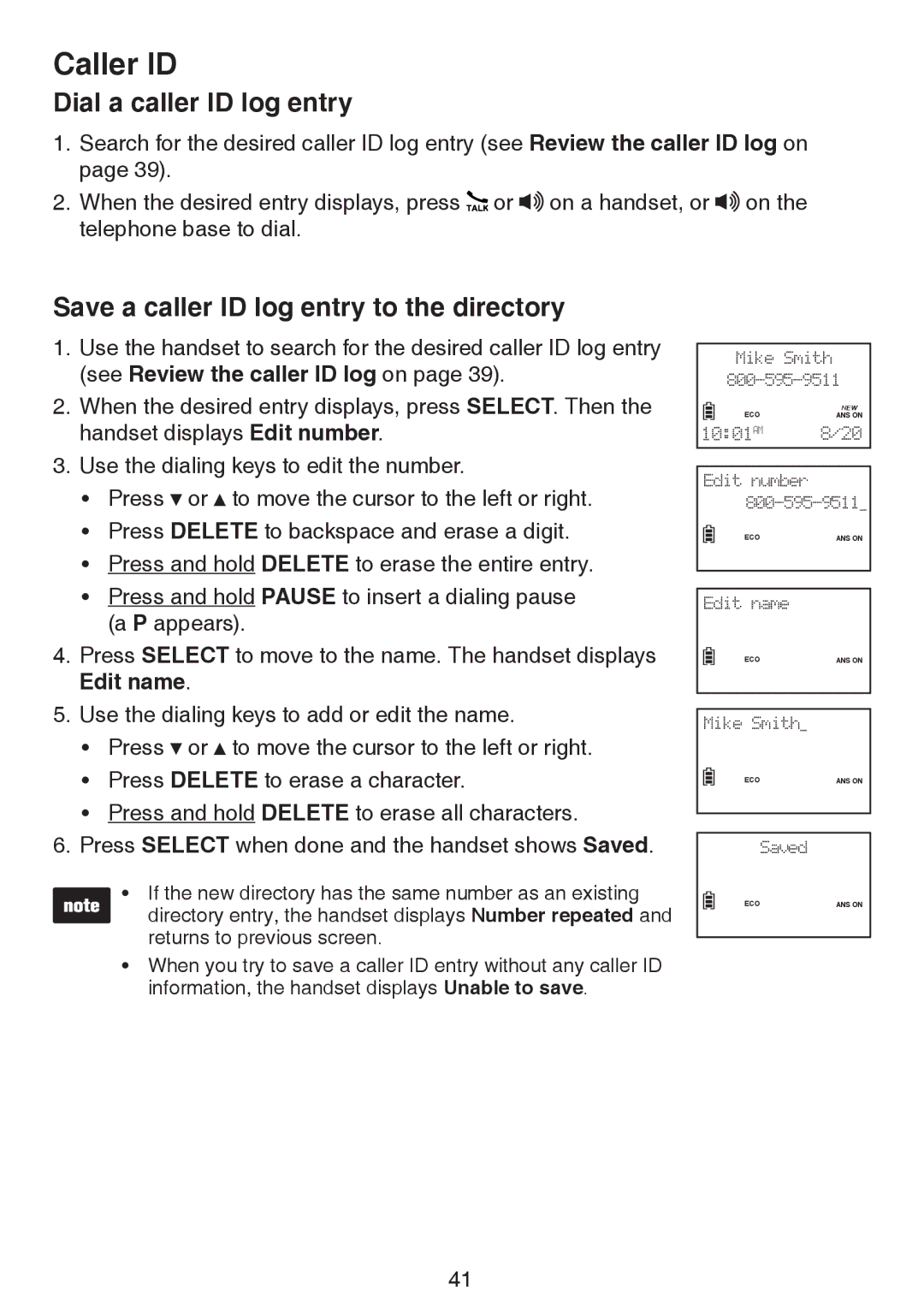 VTech LS6195-17, LS6195-15, LS6195-16, LS6195-13 Dial a caller ID log entry, Save a caller ID log entry to the directory 