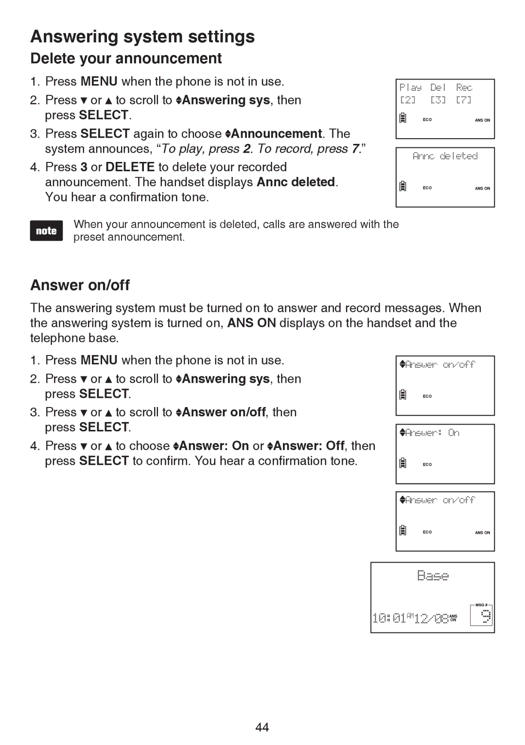 VTech LS6195-17, LS6195-15, LS6195-16, LS6195-13 user manual Delete your announcement, Answer on/off 