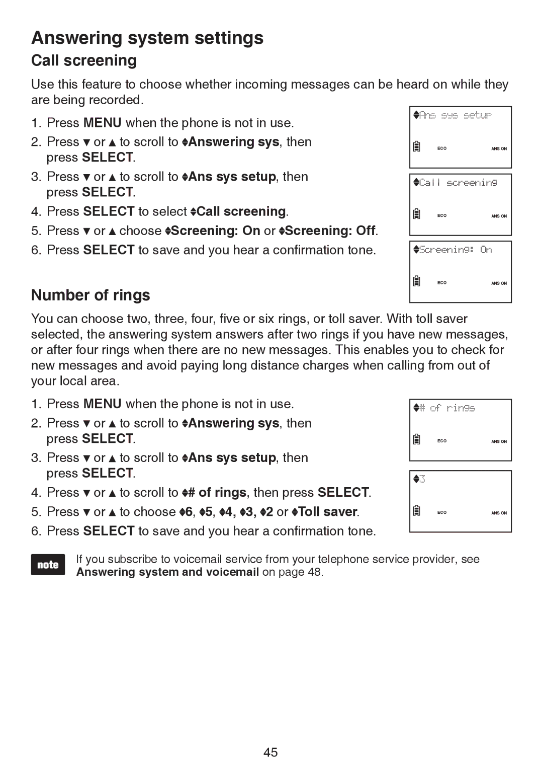 VTech LS6195-13, LS6195-17, LS6195-15, LS6195-16 user manual Call screening, Number of rings 