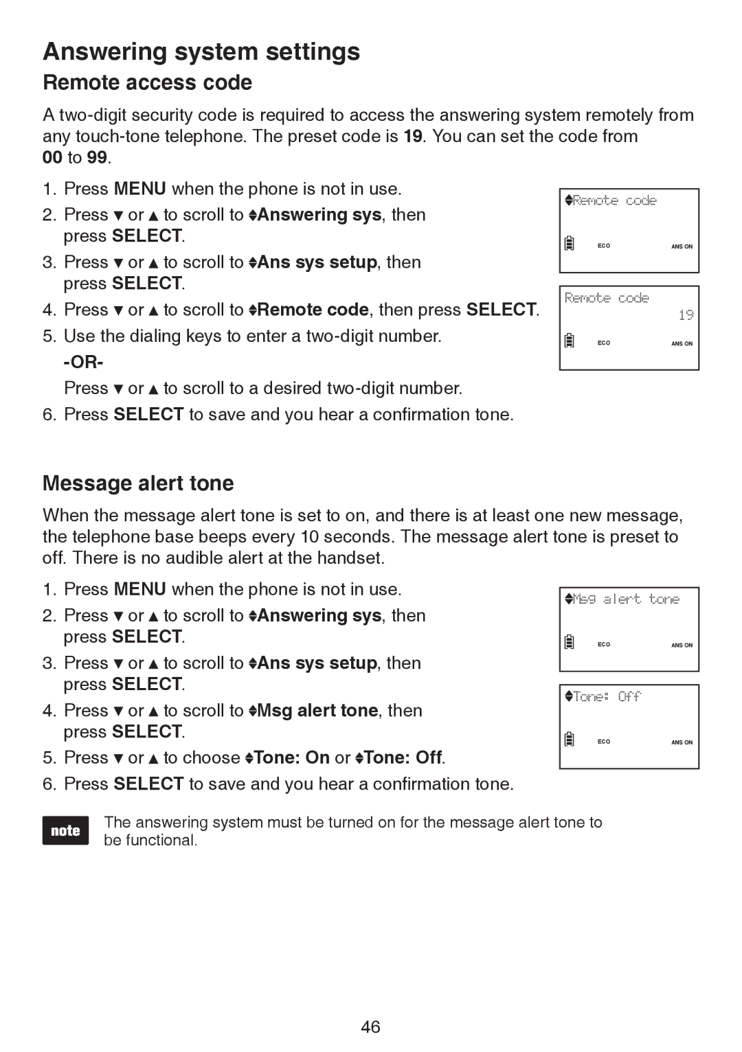 VTech LS6195-17, LS6195-15, LS6195-16, LS6195-13 user manual Remote access code, Message alert tone, 00 to 