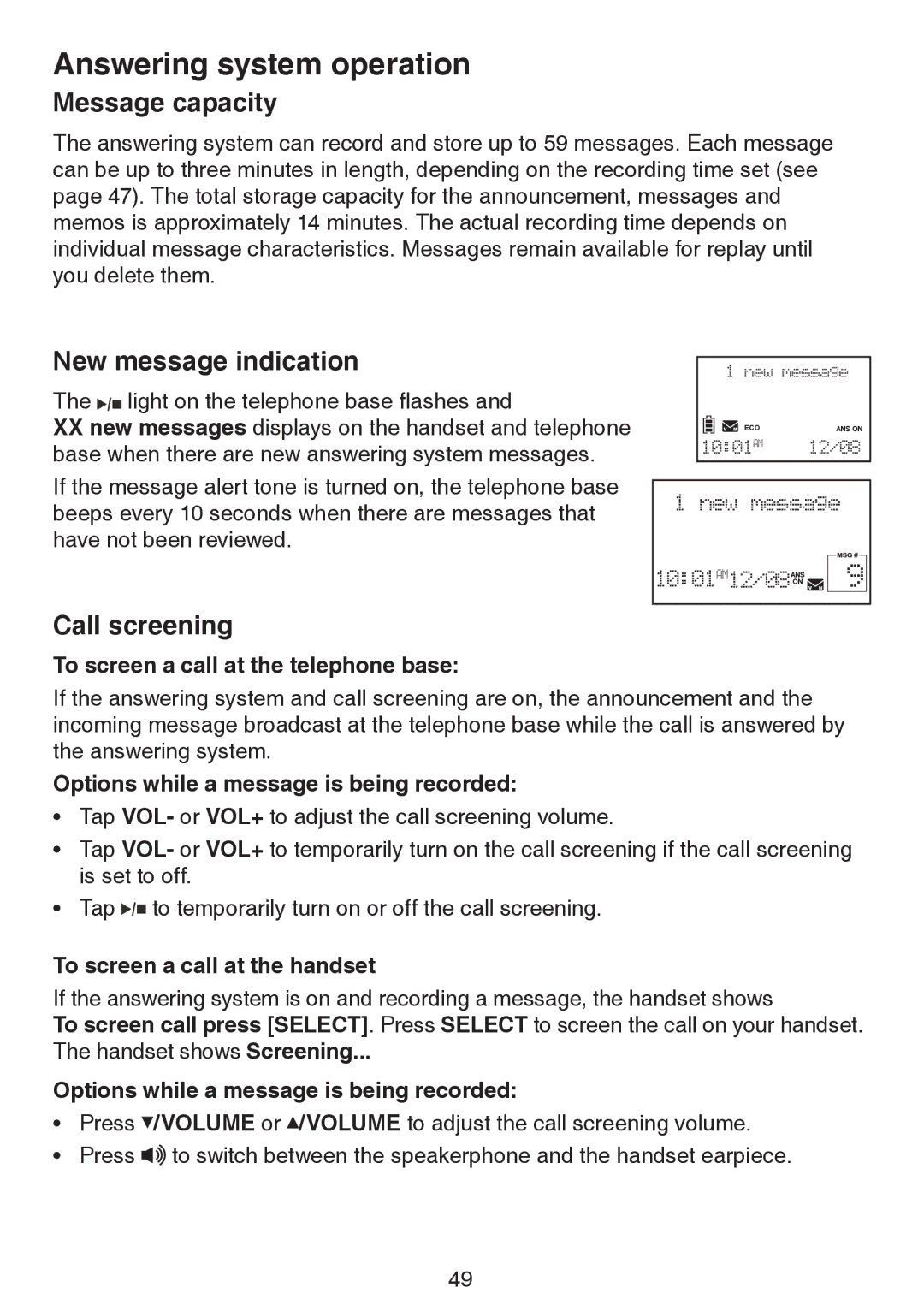 VTech LS6195-17, LS6195-15, LS6195-16 Message capacity, New message indication, To screen a call at the telephone base 