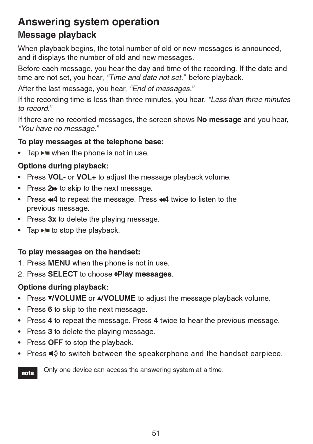 VTech LS6195-17, LS6195-15, LS6195-16 Message playback, To play messages at the telephone base, Options during playback 