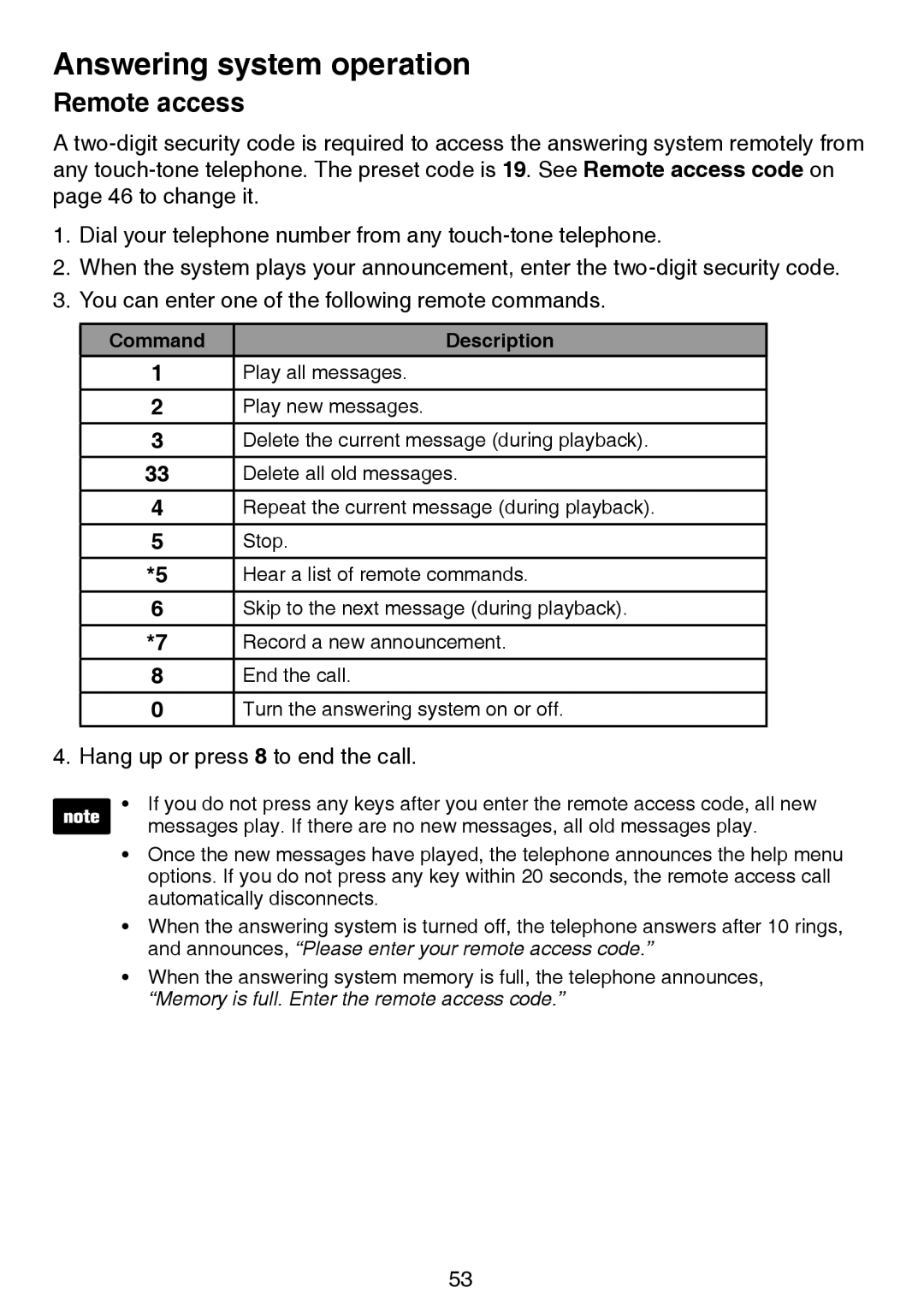 VTech LS6195-16, LS6195-17, LS6195-15, LS6195-13 user manual Remote access, Command Description 