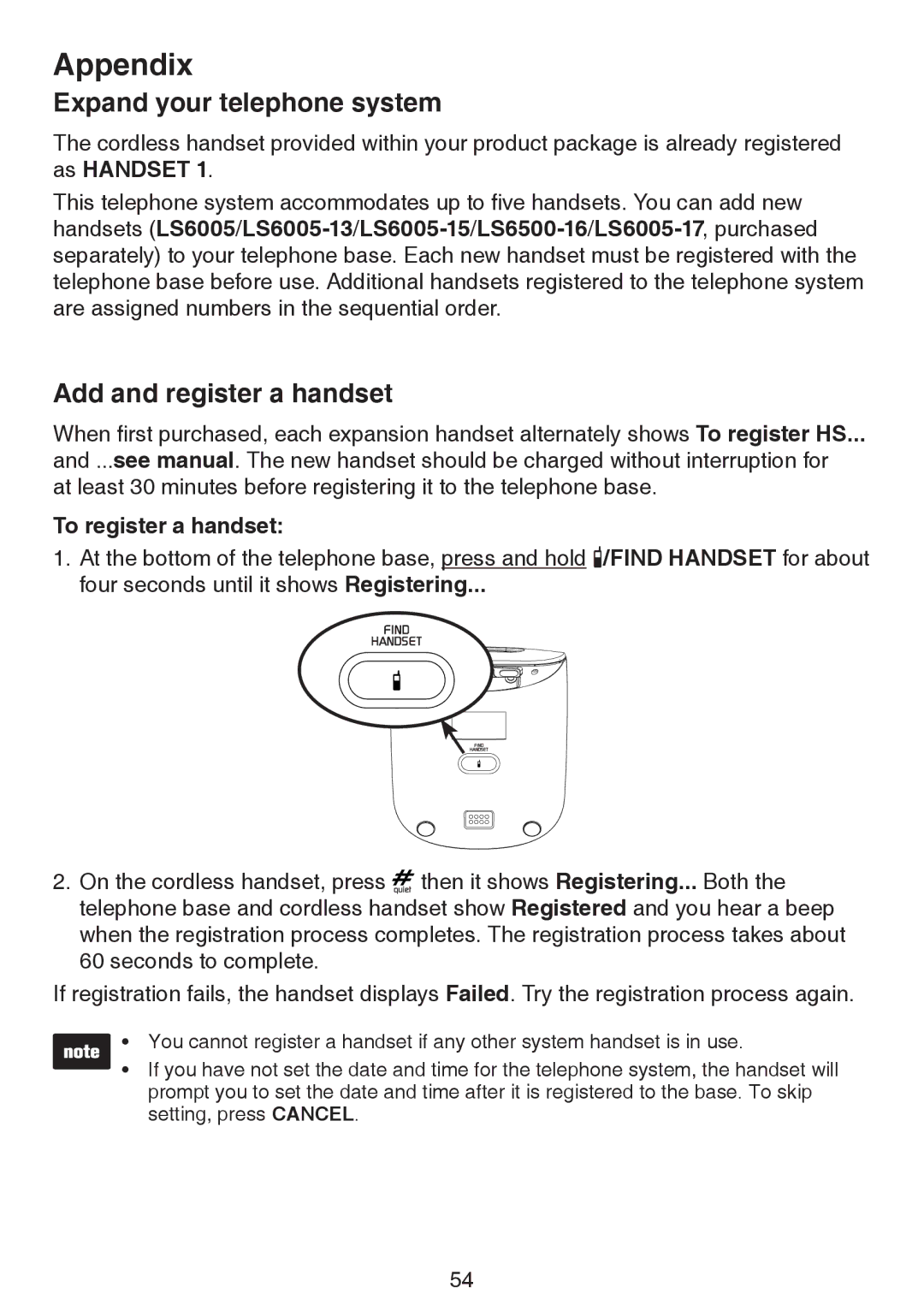 VTech LS6195-17, LS6195-15 Appendix, Expand your telephone system, Add and register a handset, To register a handset 