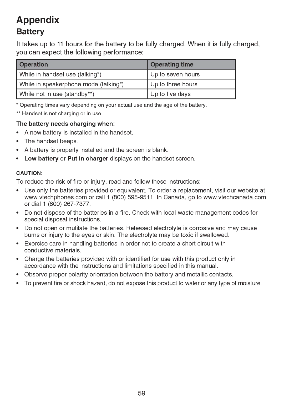 VTech LS6195-17, LS6195-15, LS6195-16, LS6195-13 user manual Battery, Operation Operating time 