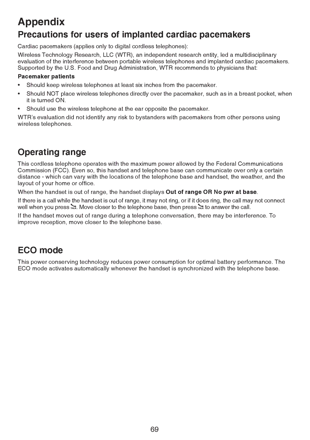 VTech LS6195-17, LS6195-15, LS6195-16 Precautions for users of implanted cardiac pacemakers, Operating range, ECO mode 