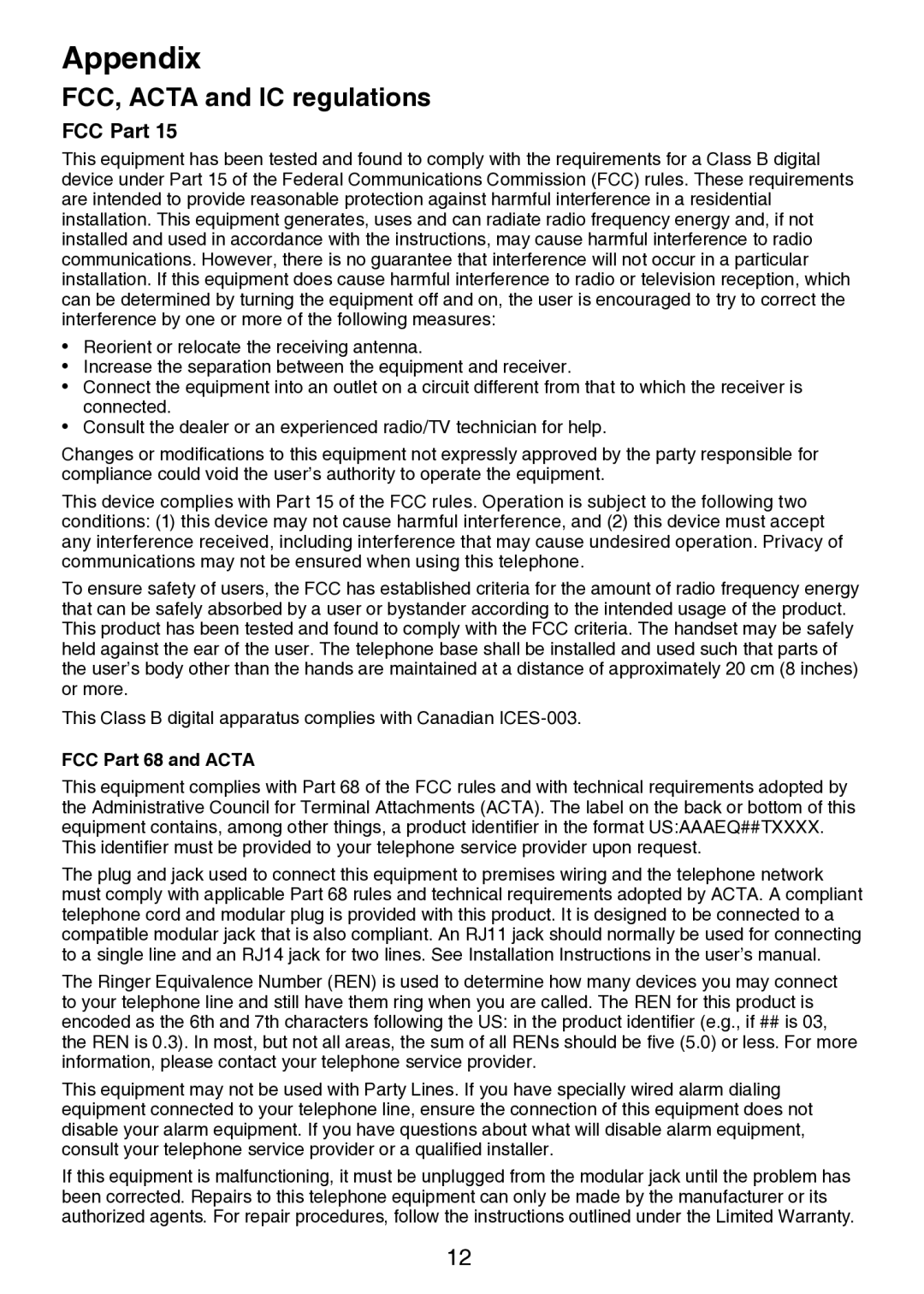 VTech LS6205 user manual FCC, Acta and IC regulations, FCC Part 68 and Acta 