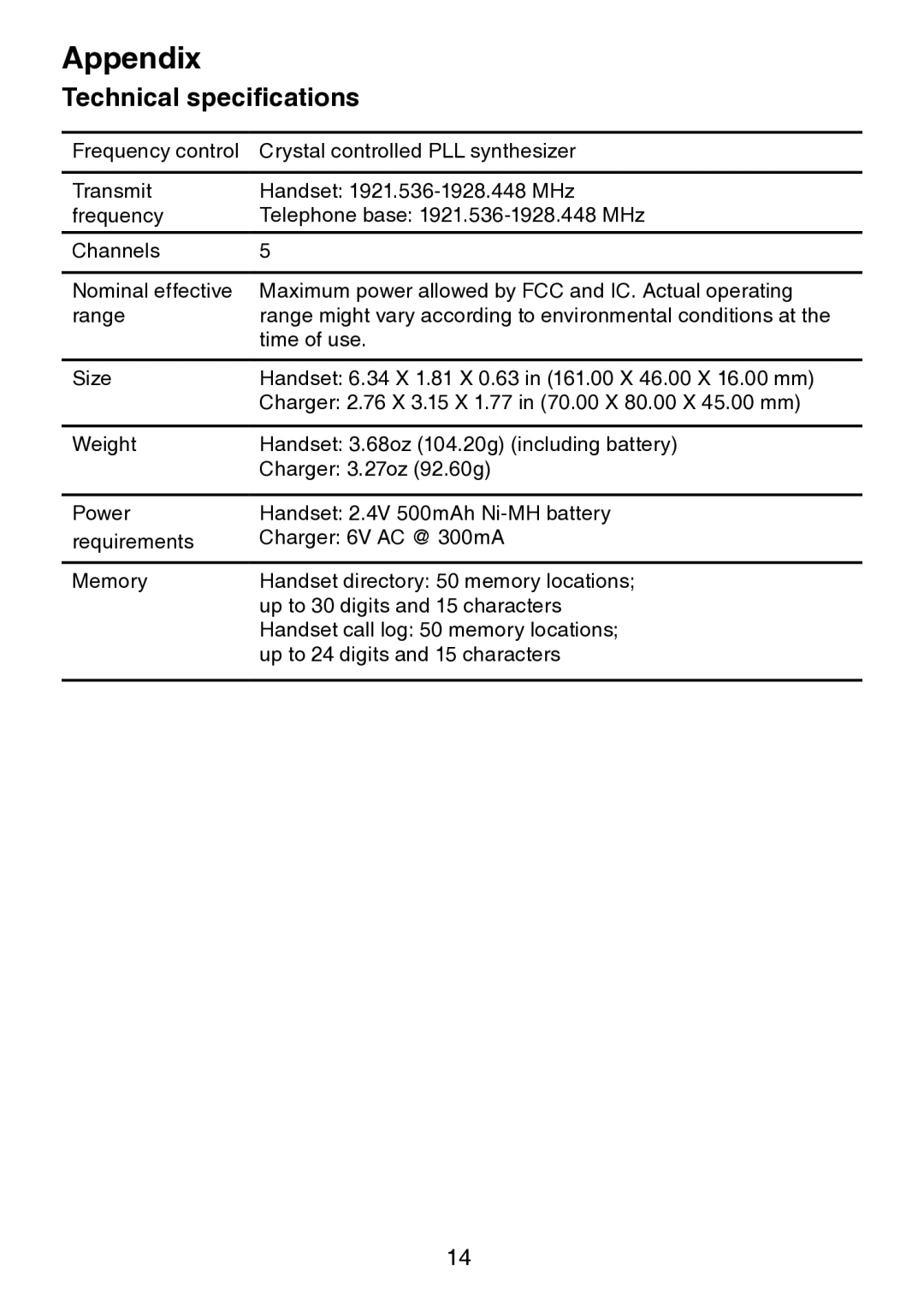 VTech LS6205 user manual Technical specifications 