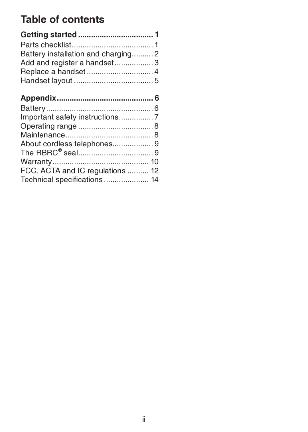 VTech LS6205 user manual Table of contents 