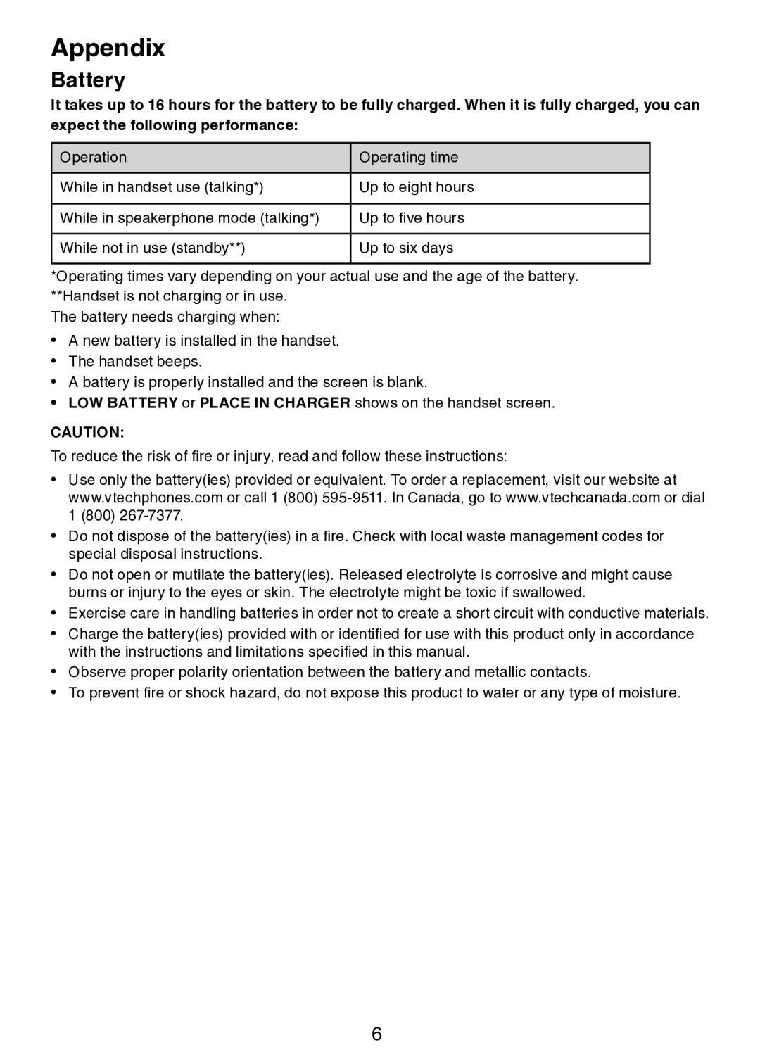 VTech LS6205 user manual Appendix, Battery 