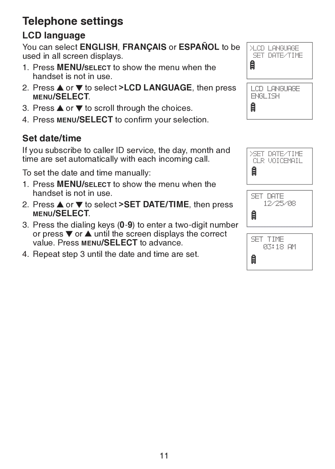 VTech LS6217 user manual LCD language, Set date/time 