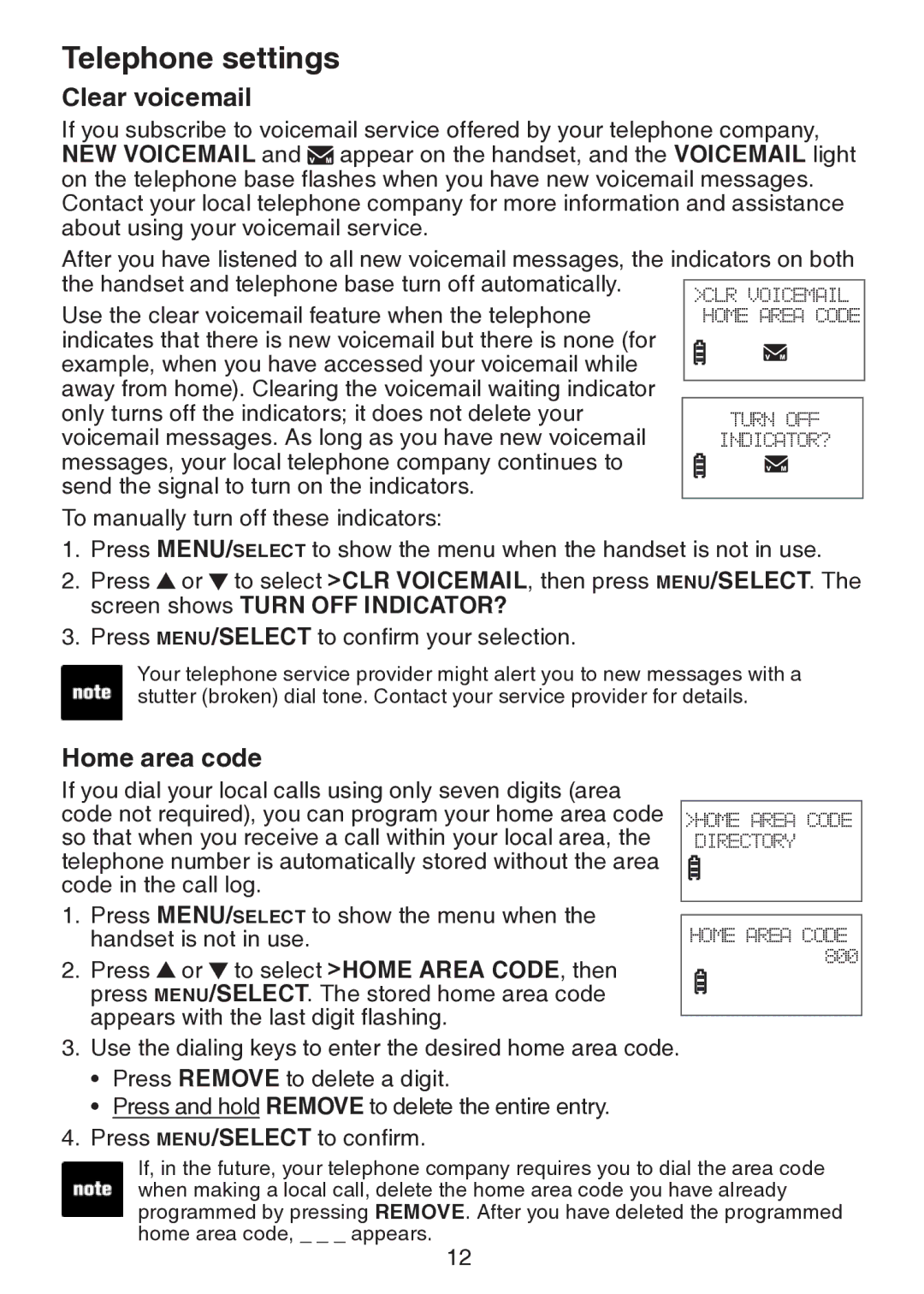 VTech LS6217 user manual Clear voicemail, Home area code 