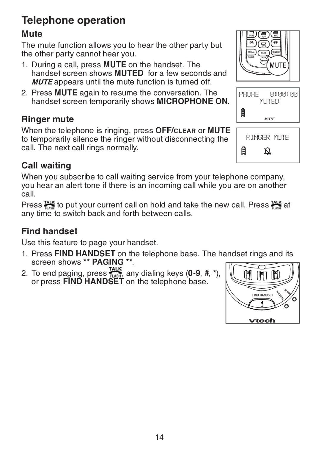 VTech LS6217 user manual Mute, Ringer mute, Call waiting, Find handset 