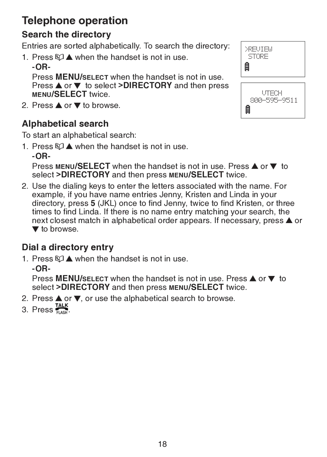 VTech LS6217 user manual Search the directory, Alphabetical search, Dial a directory entry 