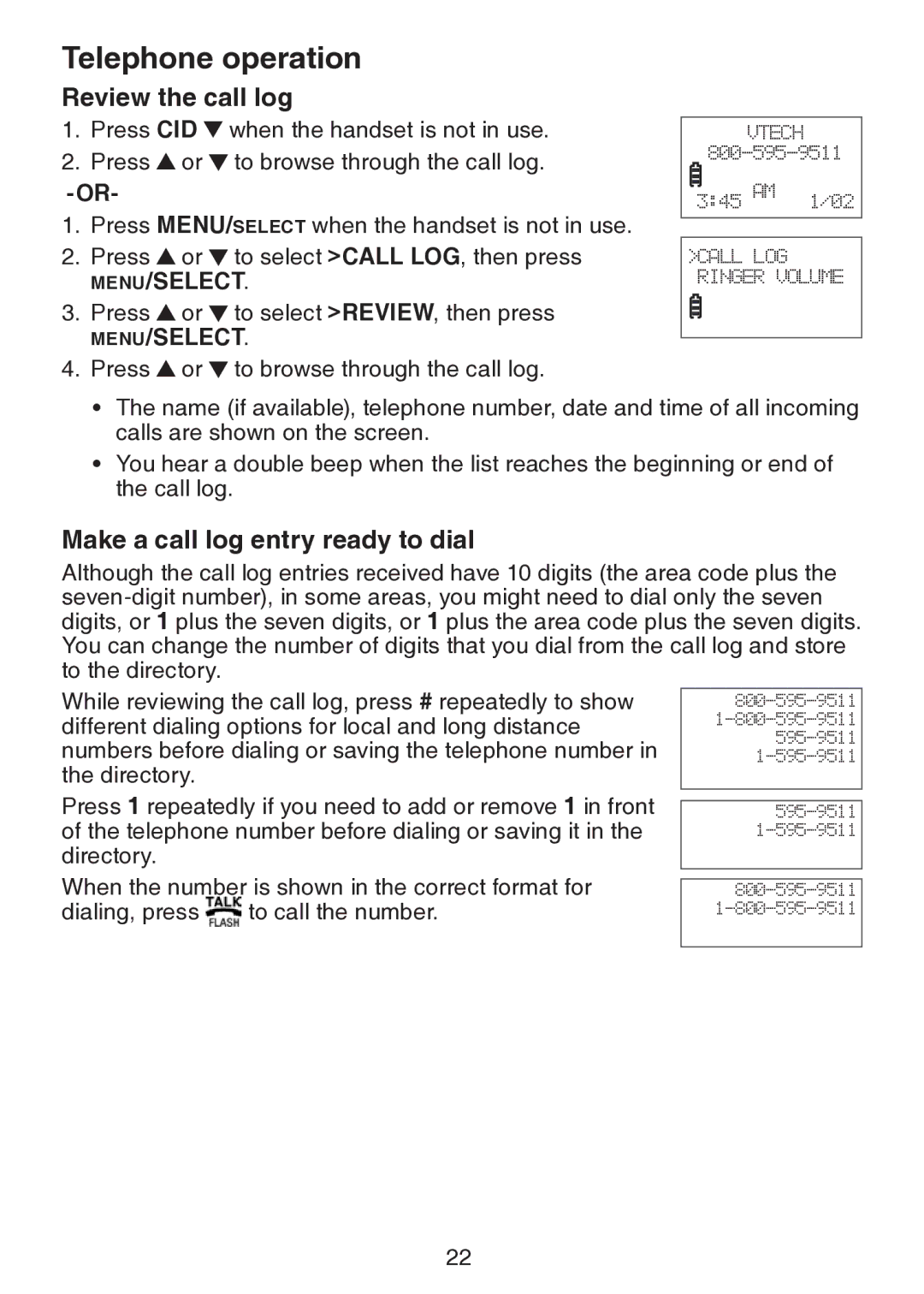 VTech LS6217 user manual Review the call log, Make a call log entry ready to dial 