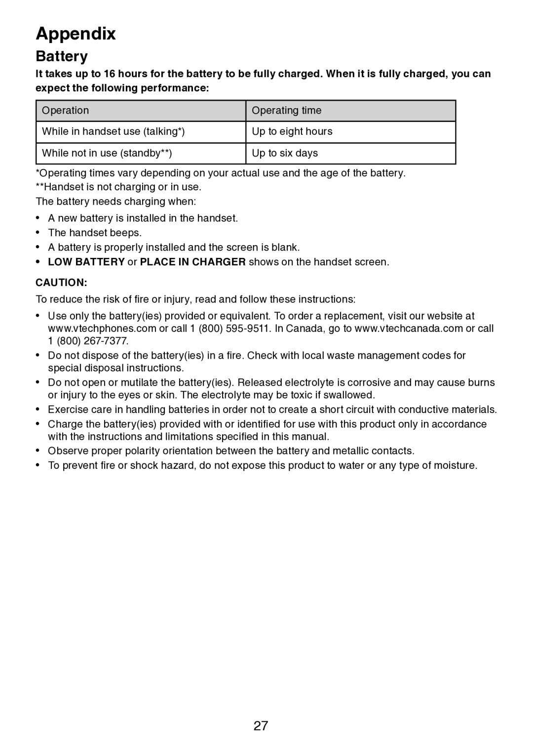 VTech LS6217 user manual Battery 