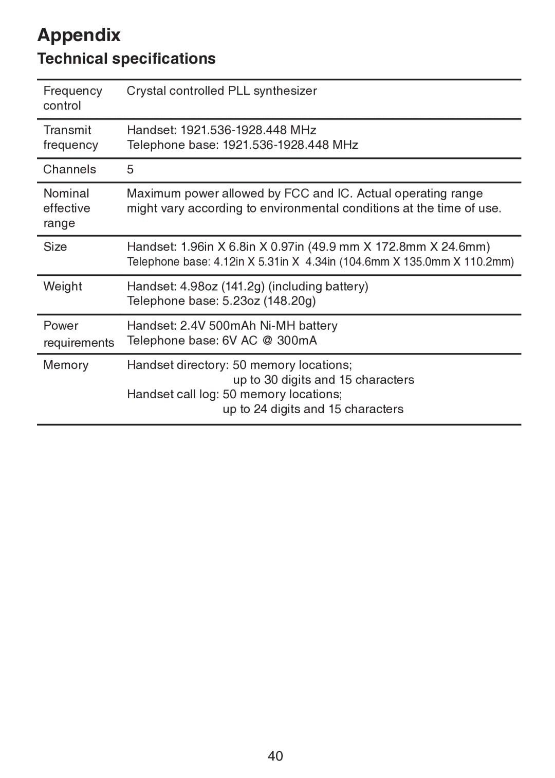 VTech LS6217 user manual Technical specifications 