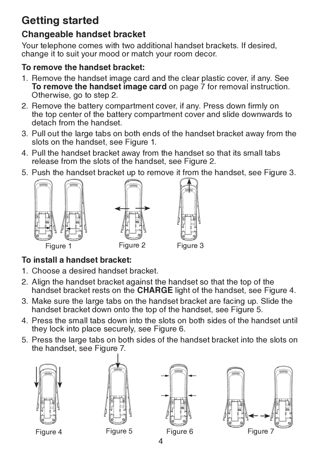 VTech LS6217 user manual Changeable handset bracket, To remove the handset bracket, To install a handset bracket 