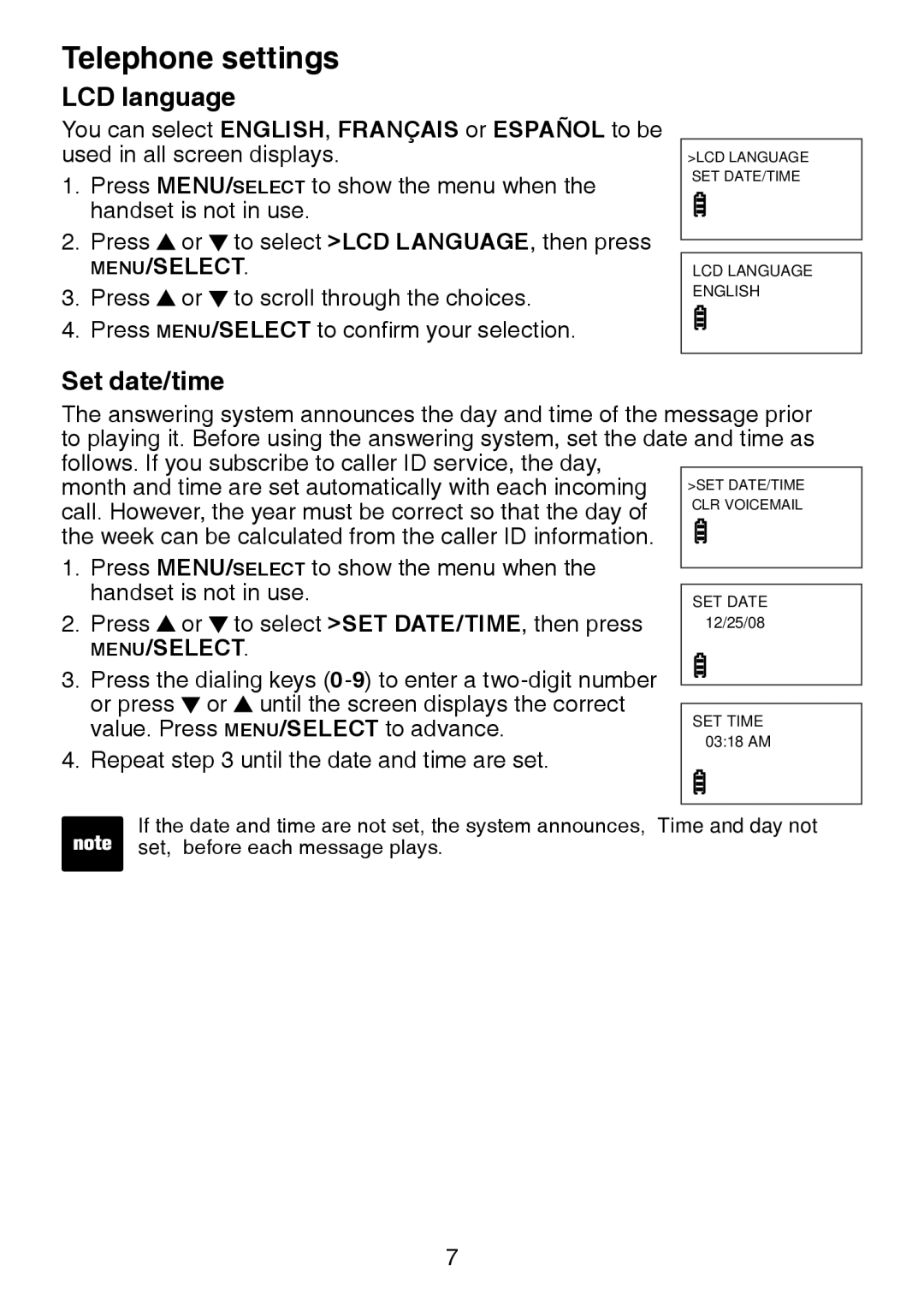 VTech LS6225-2, LS6226-2, LS6225-4, LS6225-3, LS6225-5 user manual LCD language, Set date/time 