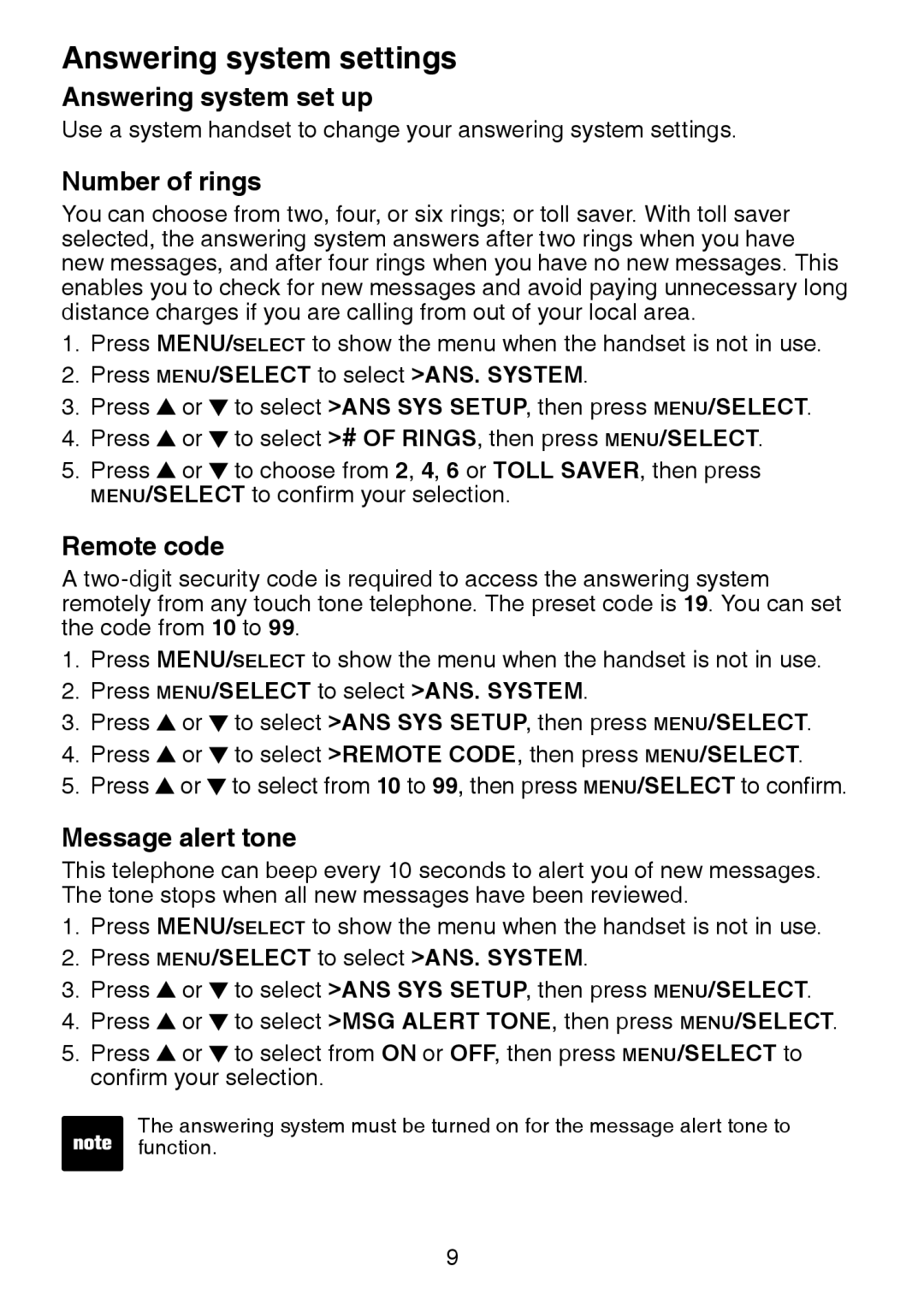 VTech LS6225-4 Answering system settings, Answering system set up, Number of rings, Remote code, Message alert tone 