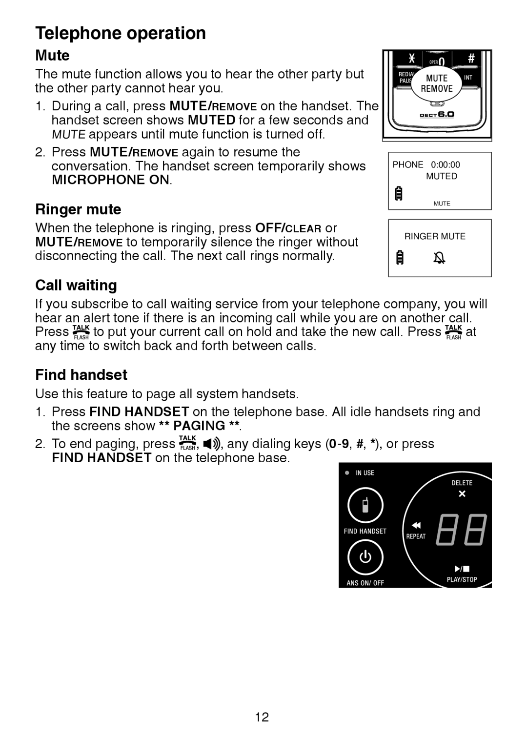 VTech LS6225-5, LS6226-2, LS6225-4, LS6225-3, LS6225-2 user manual Mute, Ringer mute, Call waiting, Find handset 