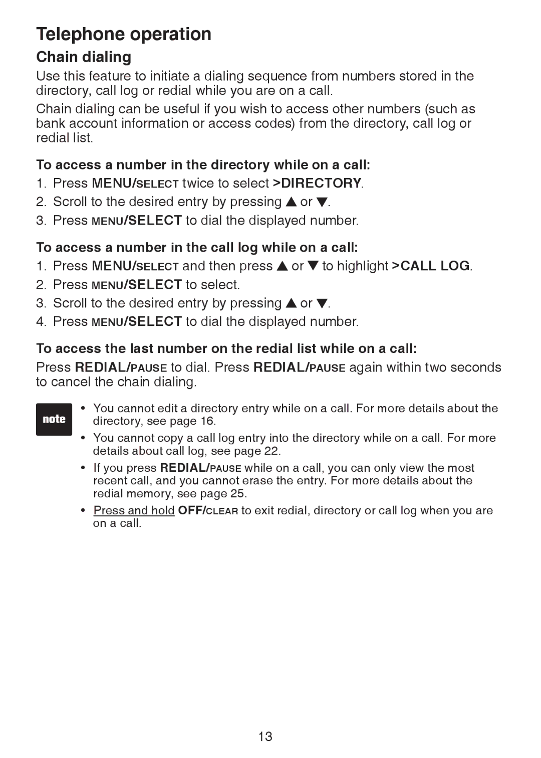 VTech LS6225-2, LS6226-2, LS6225-4, LS6225-3, LS6225-5 Chain dialing, To access a number in the directory while on a call 