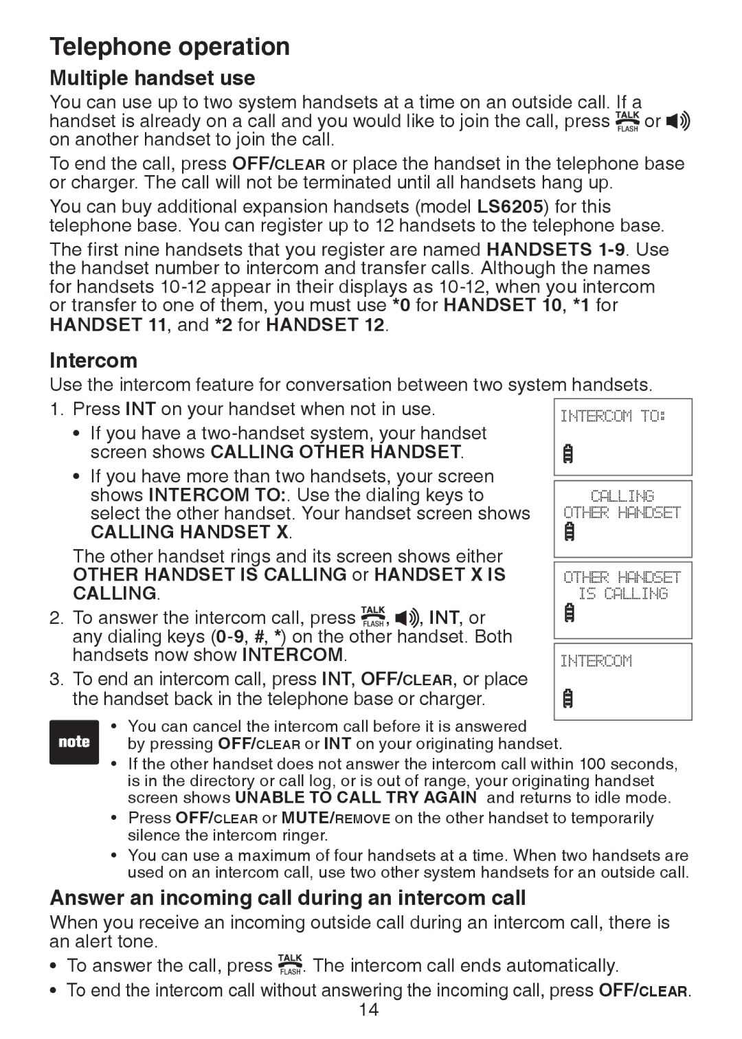 VTech LS6226-2, LS6225-4, LS6225-3, LS6225-5 Multiple handset use, Intercom, Answer an incoming call during an intercom call 