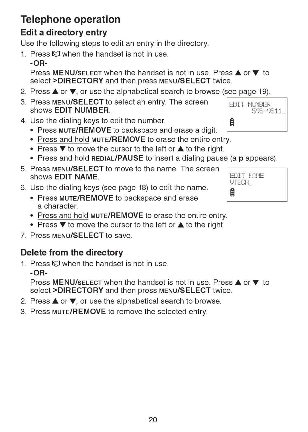 VTech LS6226-2, LS6225-4, LS6225-3 Edit a directory entry, Delete from the directory, Shows Edit Number, Shows Edit Name 