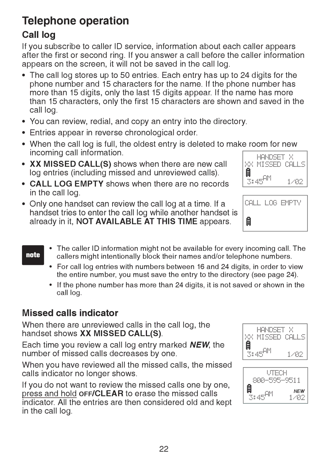 VTech LS6225-3, LS6226-2, LS6225-4 Call log, Missed calls indicator, Already in it, not Available AT this Time appears 