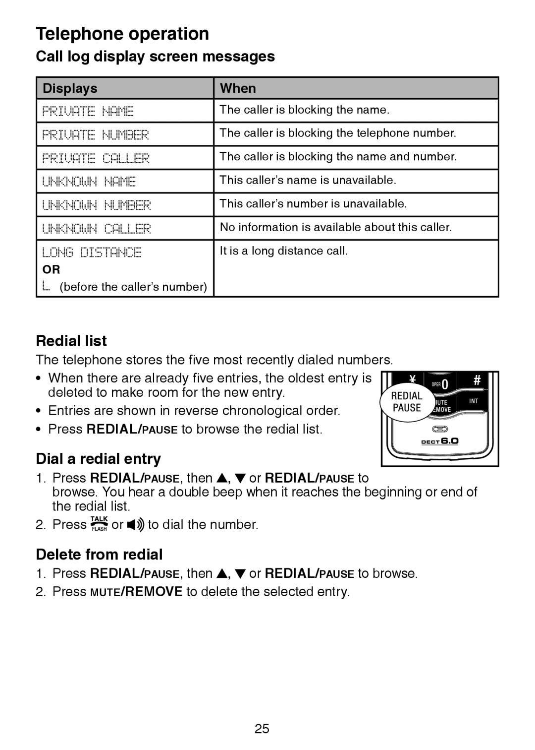 VTech LS6225-2 Call log display screen messages, Redial list, Dial a redial entry, Delete from redial, Displays When 