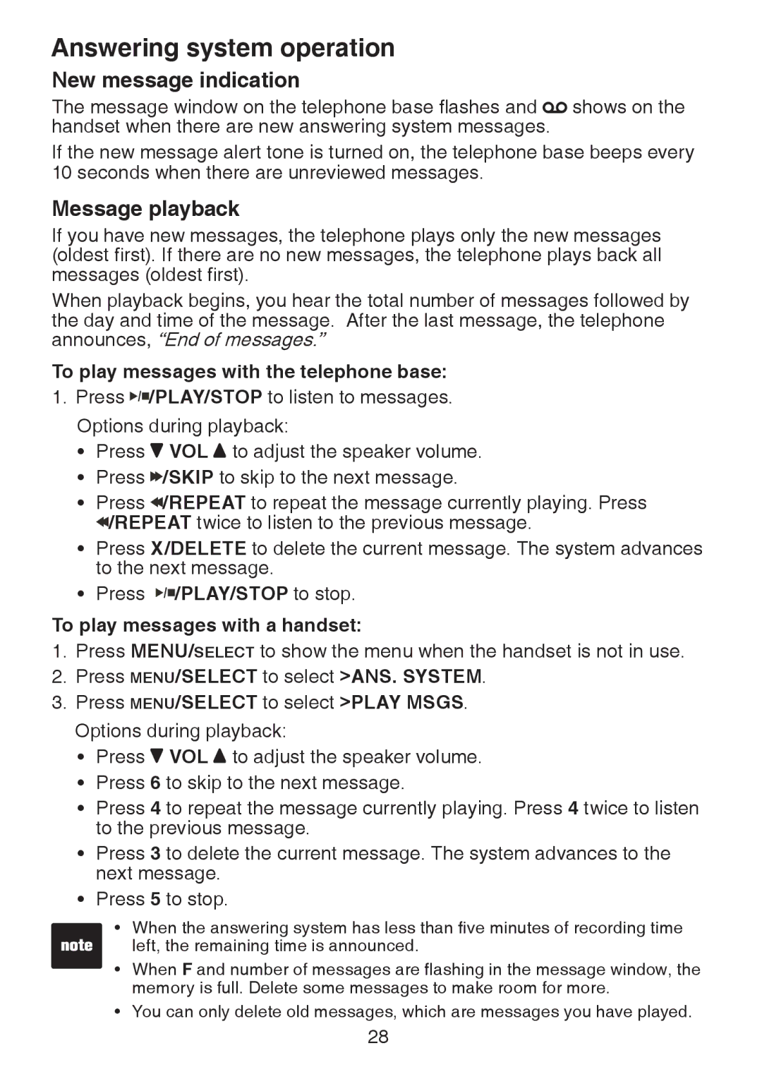 VTech LS6225-3, LS6226-2, LS6225-4 New message indication, Message playback, To play messages with the telephone base 