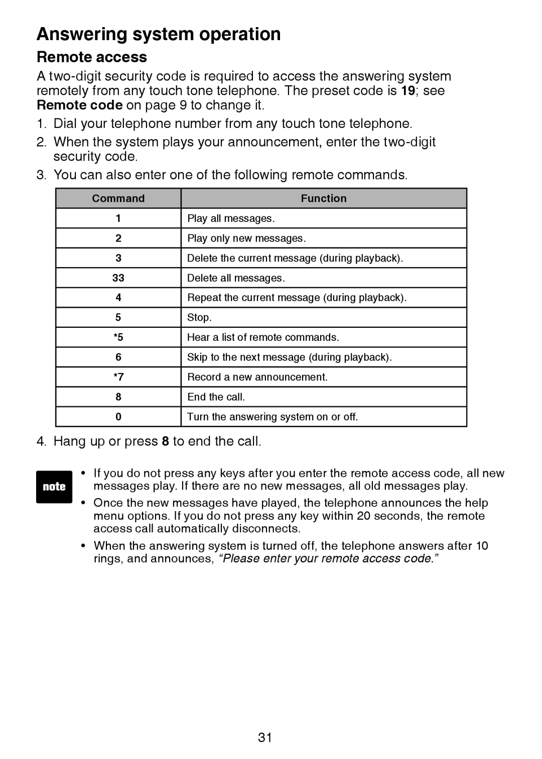 VTech LS6225-2, LS6226-2, LS6225-4, LS6225-3, LS6225-5 user manual Remote access, Command 