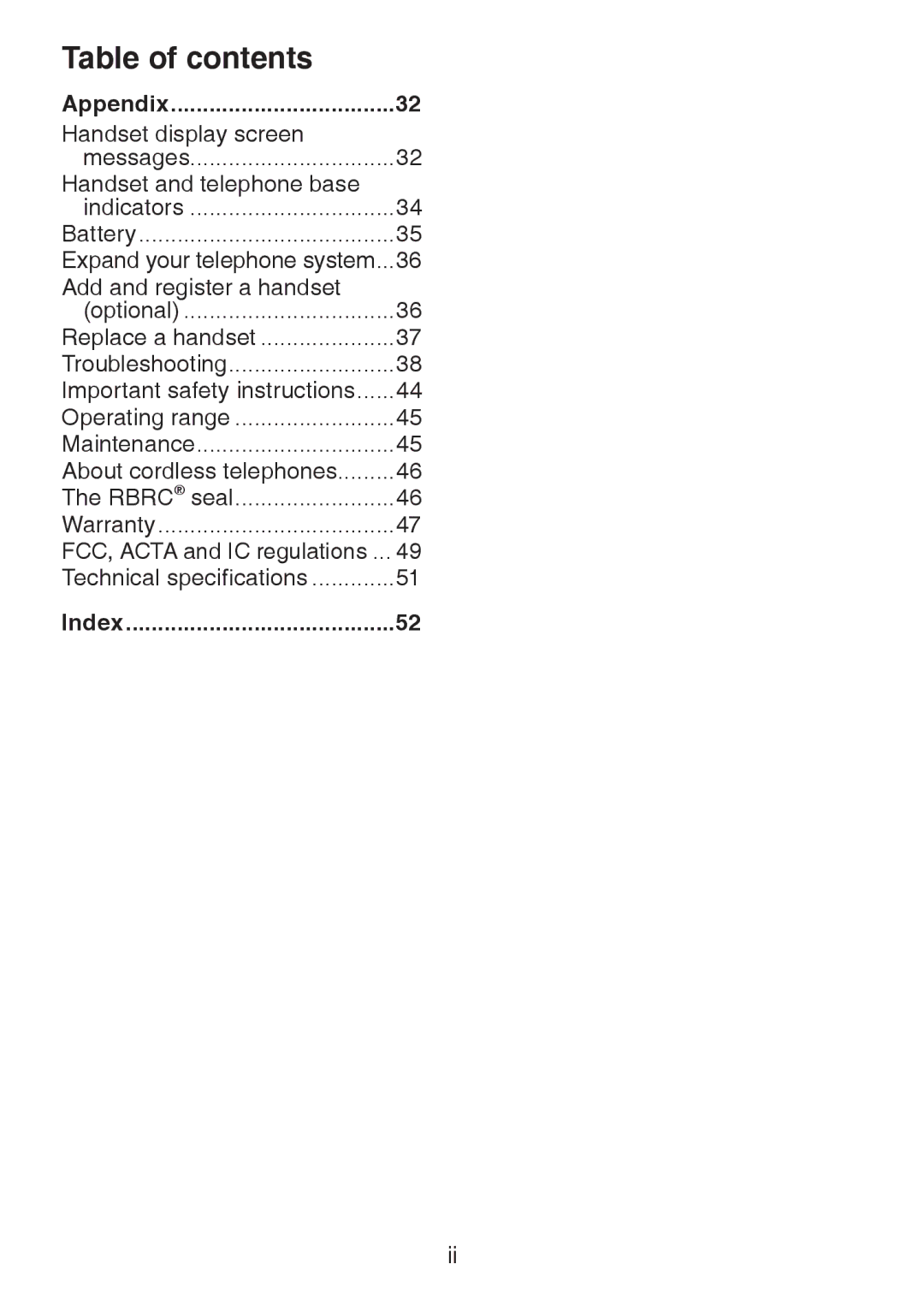 VTech LS6225-5, LS6226-2, LS6225-4, LS6225-3, LS6225-2 user manual Appendix, Index 