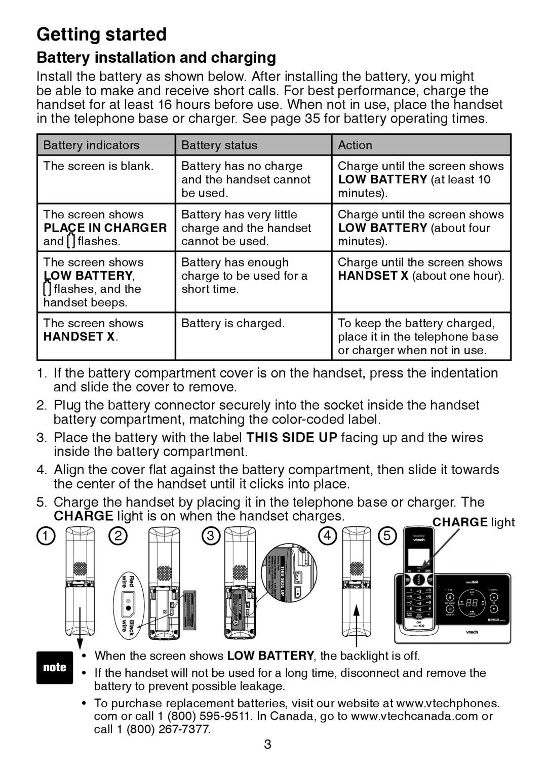 VTech LS6225-4, LS6226-2, LS6225-3, LS6225-5, LS6225-2 user manual Battery installation and charging, Place in Charger 