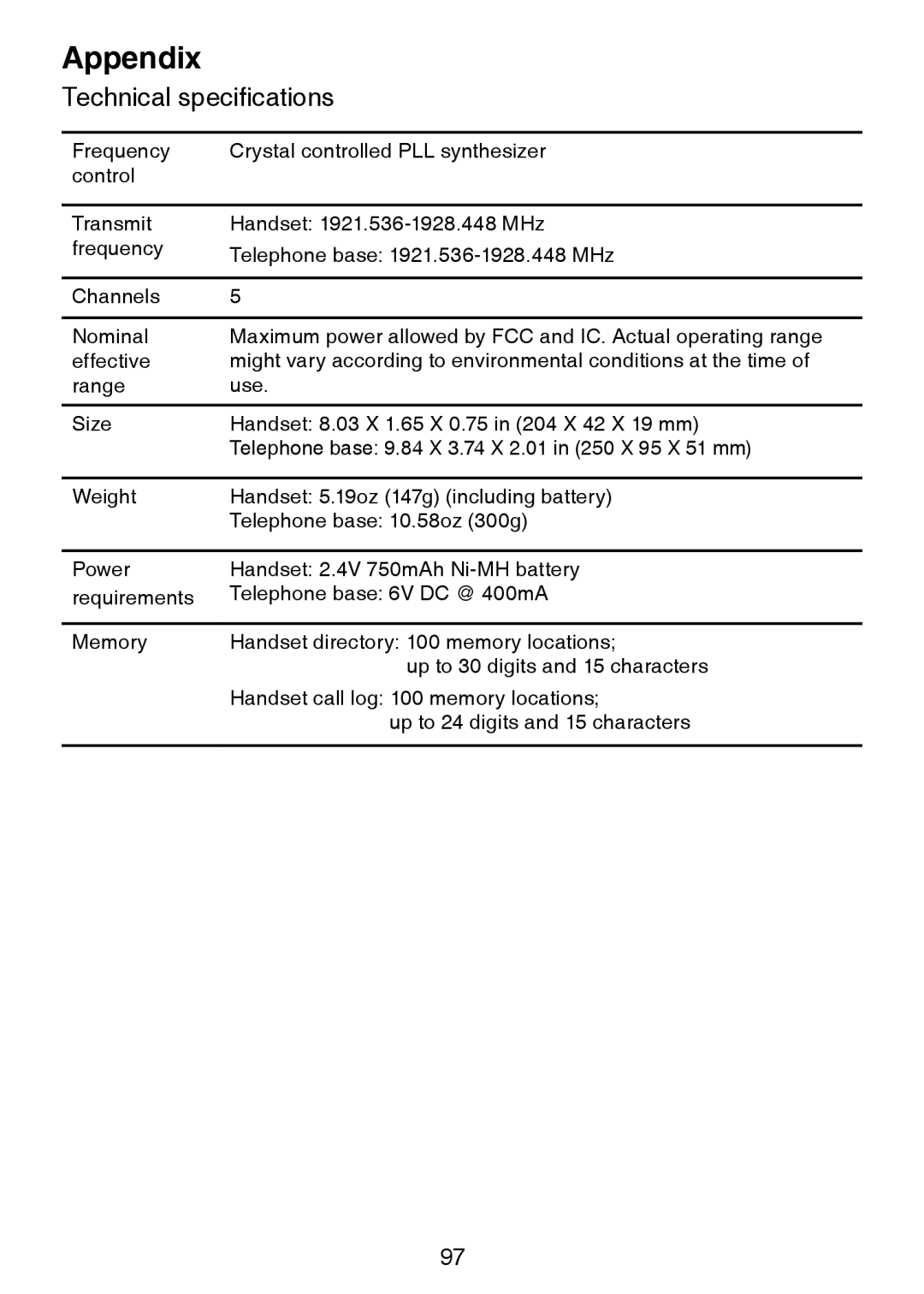 VTech LS6245 user manual Technical specifications 