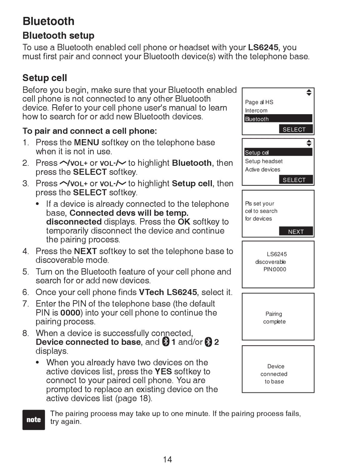 VTech LS6245 user manual Bluetooth setup, Setup cell, To pair and connect a cell phone 