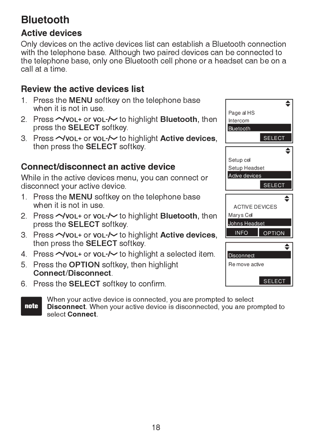 VTech LS6245 user manual Active devices, Review the active devices list, Connect/disconnect an active device 